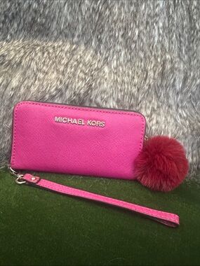 Michael Kors Fuchsia Saffiano Zip Wristlet with Burgundy Pom Pom
